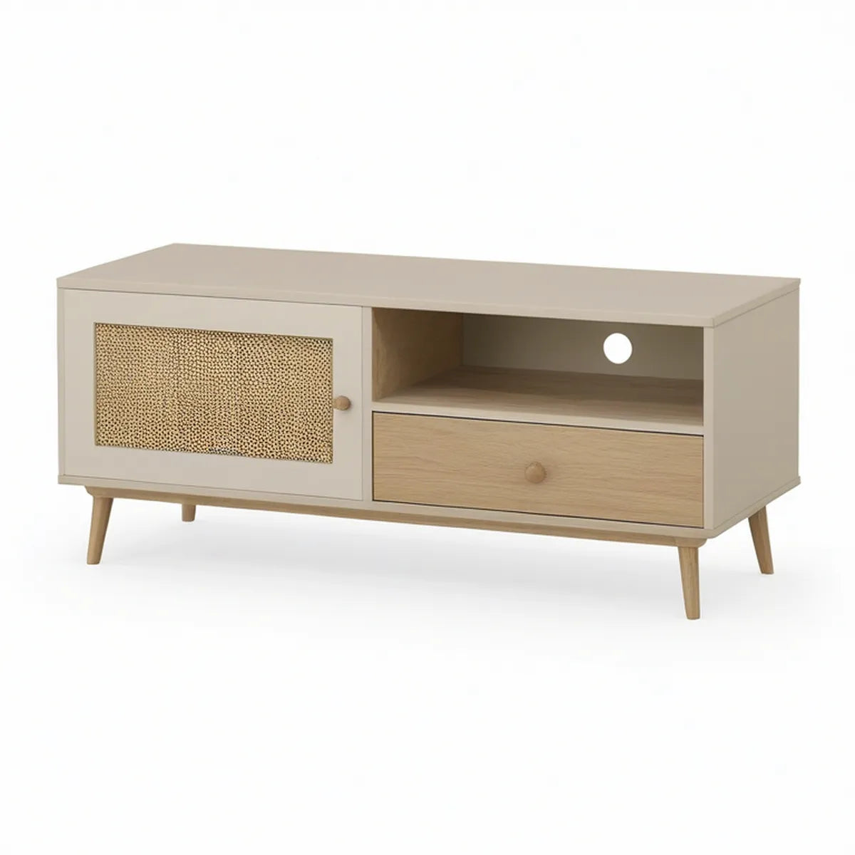 Móvel de TV em MDF Bege e Carvalho com Porta em Rattan Natural, 120 x 40 x 55 cm