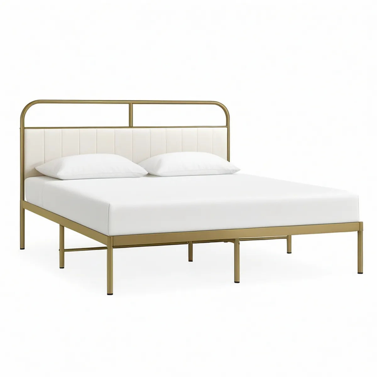 Cama de Casal 160 x 200 cm em Aço com Cabeceira Estofada Branca e Estrutura Dourada