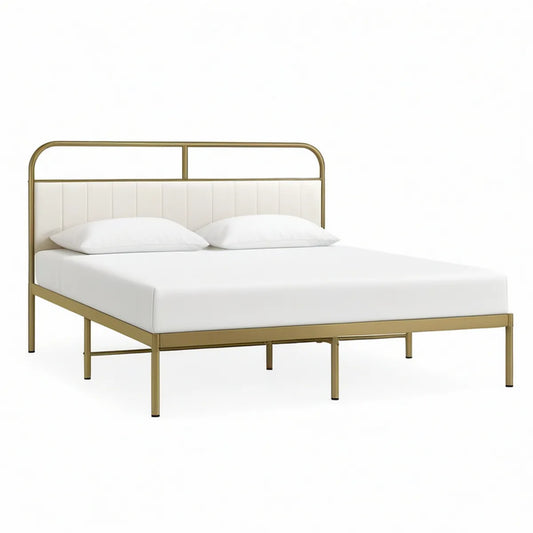 Cama de Casal 160 x 200 cm em Aço com Cabeceira Estofada Branca e Estrutura Dourada