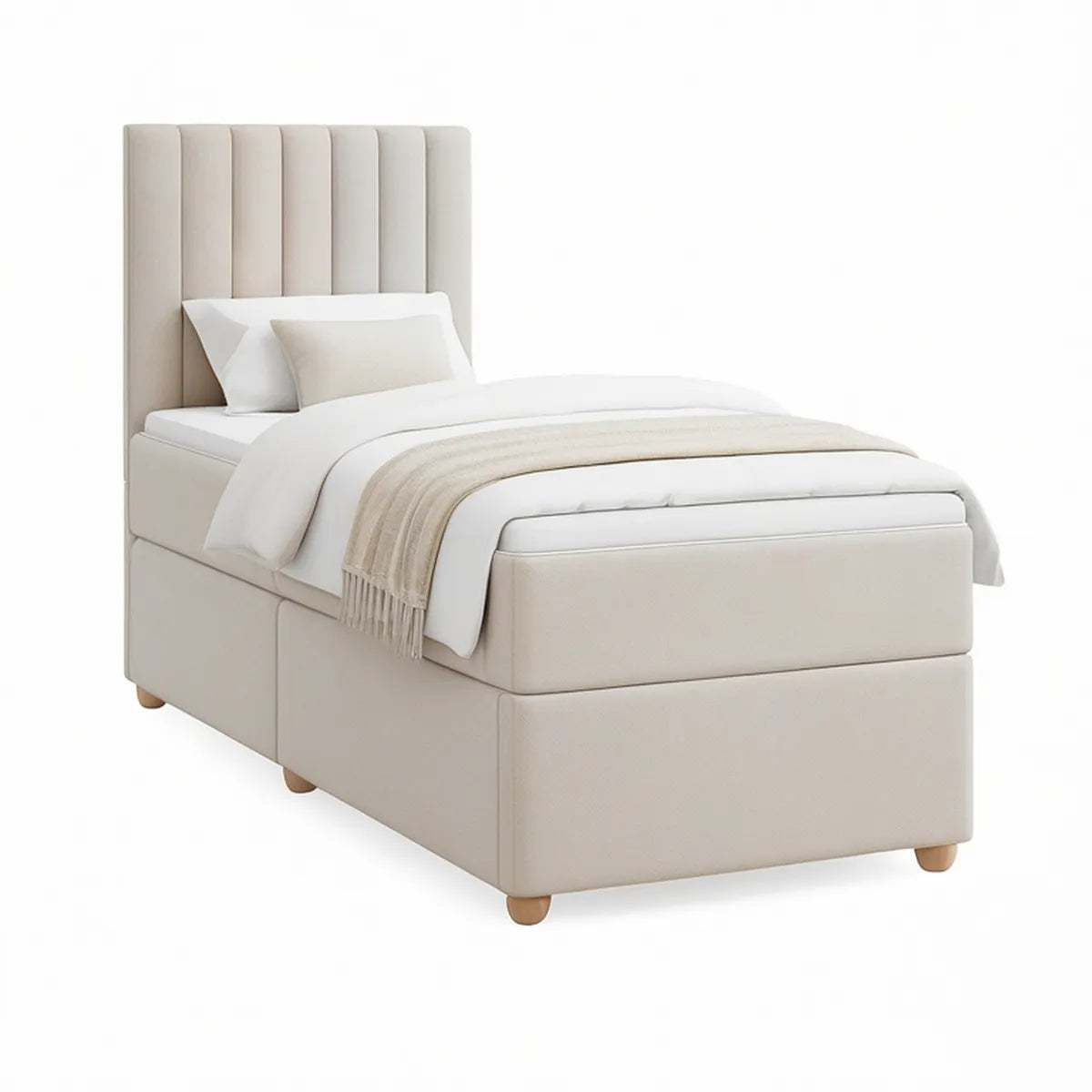 Cama Individual Estofada Bege com Cabeceira Vertical, 90 x 190 cm