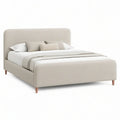 Cama de Casal Estofada Bege 160 x 200 cm com Cabeceira Acolchoada e Pés em Madeira