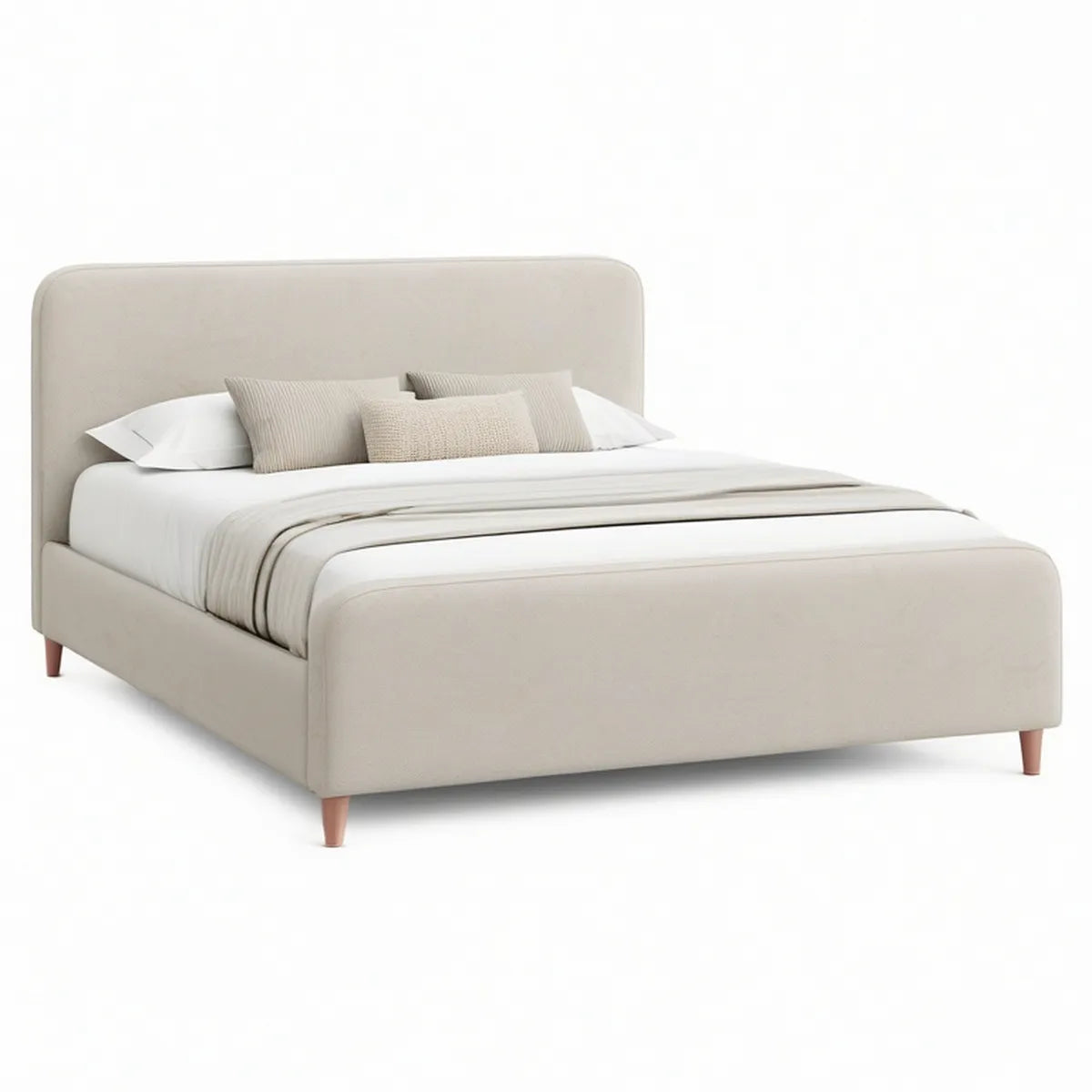 Cama de Casal Estofada Bege 160 x 200 cm com Cabeceira Acolchoada e Pés em Madeira