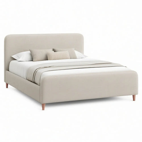 Cama de Casal Estofada Bege 160 x 200 cm com Cabeceira Acolchoada e Pés em Madeira