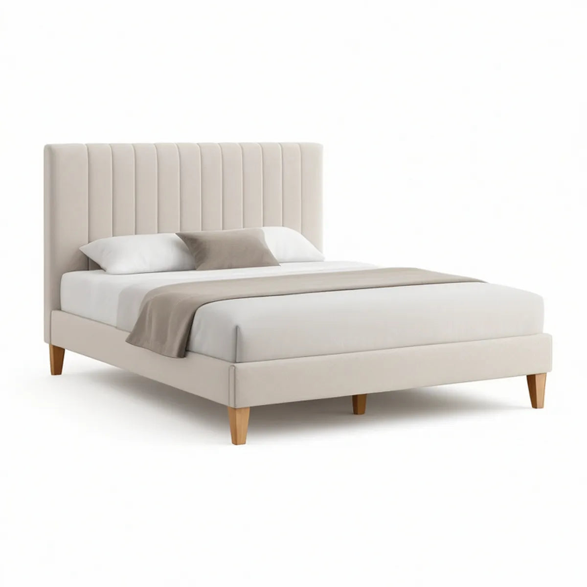 Cama de Casal Estofada Bege 160 x 200 cm com Cabeceira Canelada