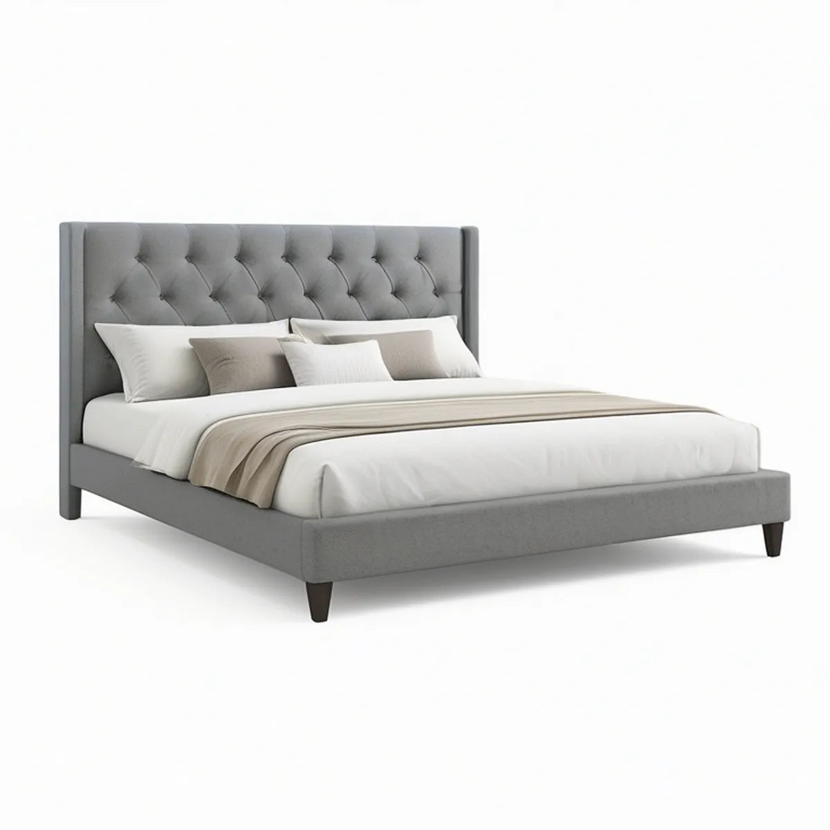 Cama de Casal Estofada 160 x 200 cm em Poliéster Cinzento com Cabeceira Capitoné
