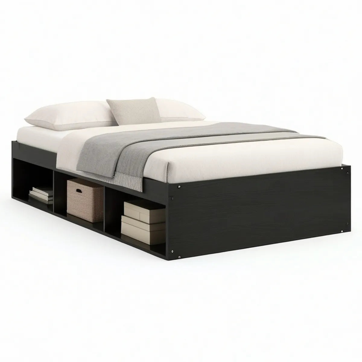 Estrutura de Cama de Casal com Arrumação Lateral 160 x 200 cm em Aglomerado Melaminado Preto
