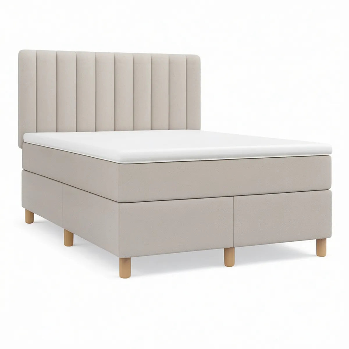 Cama de Casal Box Estofada Bege 160 x 200 cm com Cabeceira, Colchão e Pés em Madeira Natural