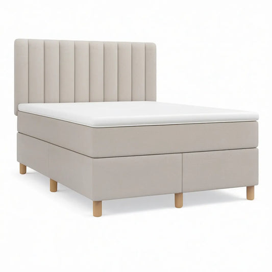 Cama de Casal Box Estofada Bege 160 x 200 cm com Cabeceira, Colchão e Pés em Madeira Natural