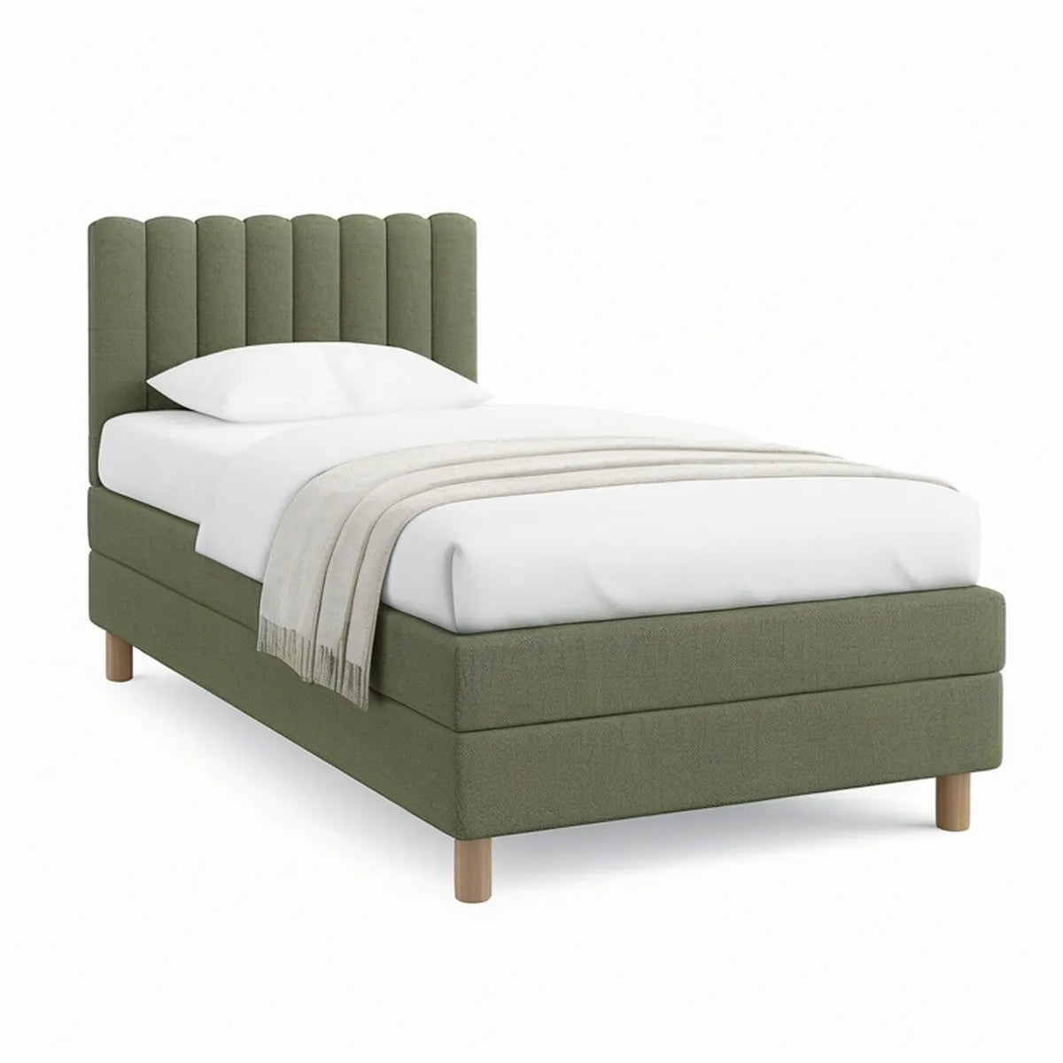 Cama Individual Estofada 90 x 200 cm com Cabeceira Canelada Verde-Azeitona