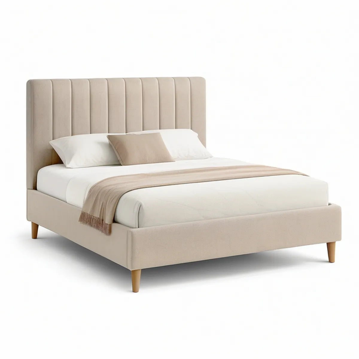 Cama de Casal Estofada Bege em Poliéster para Colchão 160 x 200 cm