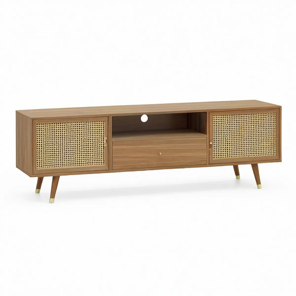 Móvel de TV Retangular em MDF Laminado Nogueira com Portas em Vime, 180 x 40 x 60 cm, Castanho Natural e Dourado