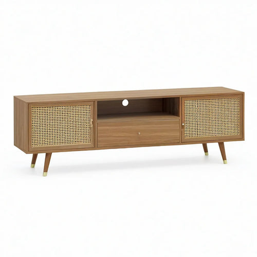 Móvel de TV Retangular em MDF Laminado Nogueira com Portas em Vime, 180 x 40 x 60 cm, Castanho Natural e Dourado