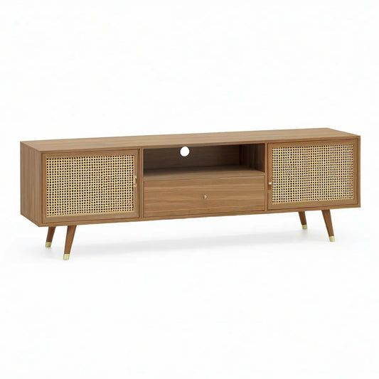 Móvel de TV Retangular em MDF Laminado Nogueira com Portas em Vime, 180 x 40 x 60 cm, Castanho Natural e Dourado
