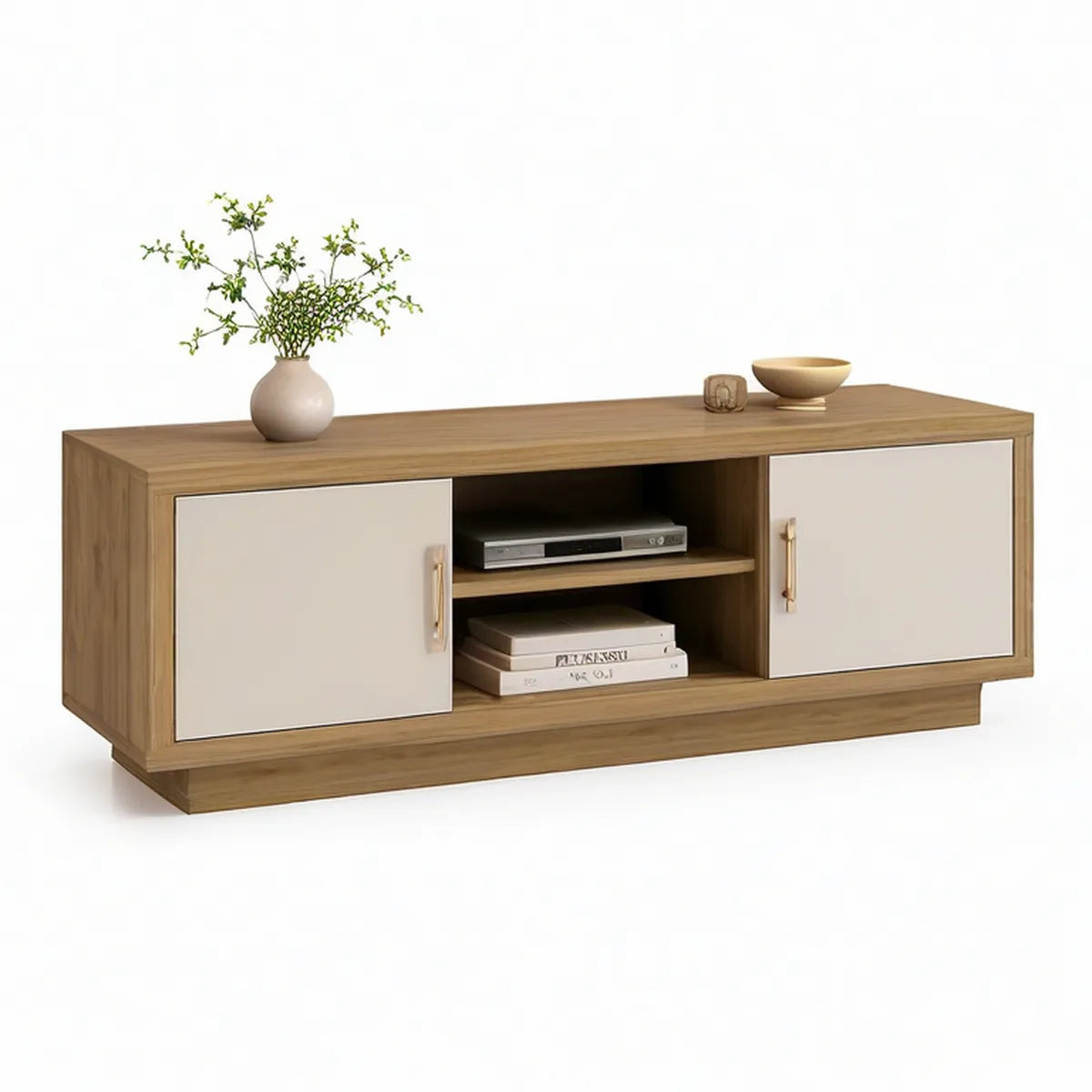 Móvel de TV em MDF laminado Carvalho e Branco com 2 portas, 2 nichos e puxadores dourados, 180 x 40 x 60 cm