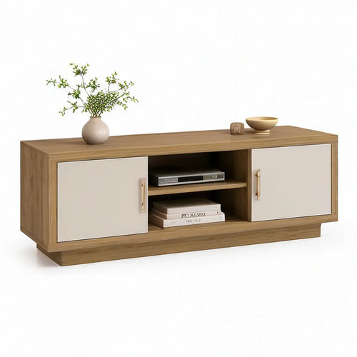 Móvel de TV em MDF laminado Carvalho e Branco com 2 portas, 2 nichos e puxadores dourados, 180 x 40 x 60 cm