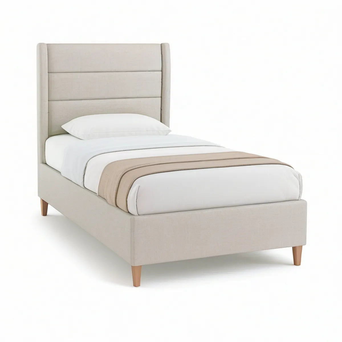 Cama Individual Estofada Bege 90 x 190 cm com Cabeceira Alta