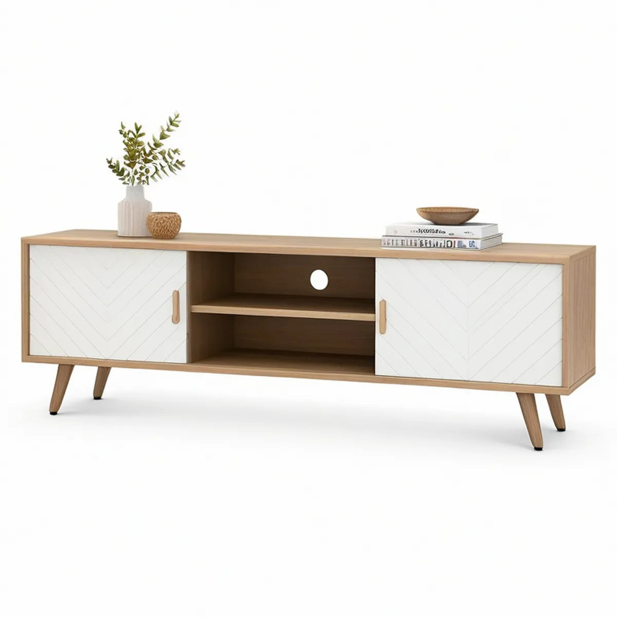 Móvel de TV em MDF Branco e Carvalho Natural, 180 x 40 x 50 cm