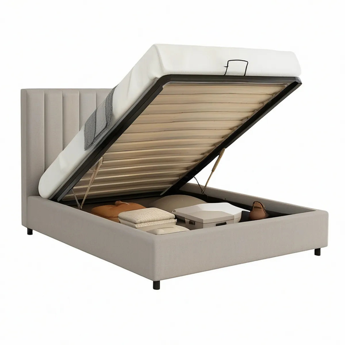 Cama de Casal com Arrumação Elevatória 160 x 200 cm em Poliéster Cinzento-claro