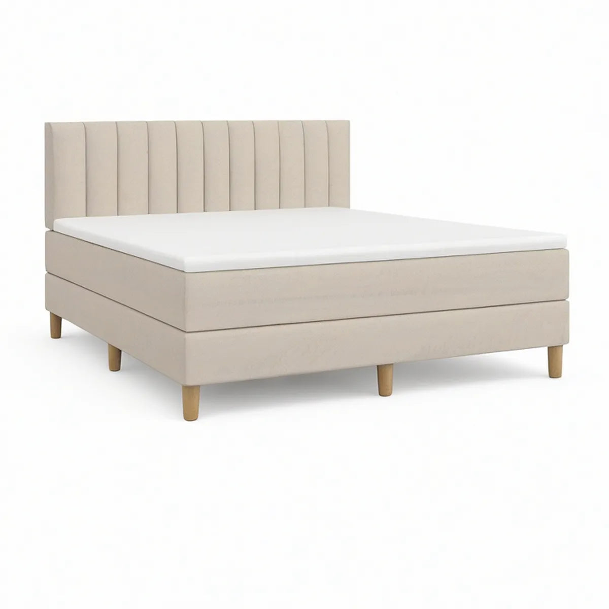 Cama de Casal Estofada Bege 160 x 200 cm com Cabeceira Vertical e Colchão Branco